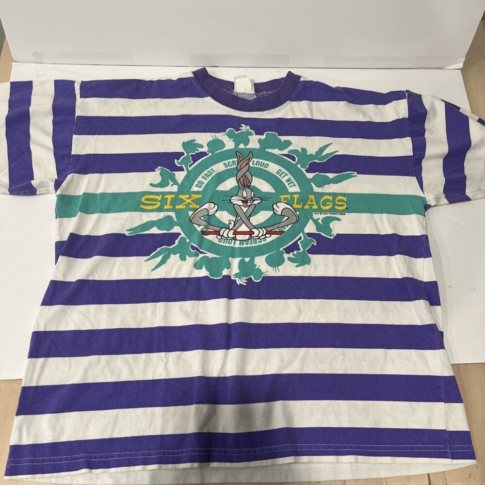 Vintage 1995 Six Flags Bugs Bunny Warner Bros Shirt Purple Green Stripe S/M Surf